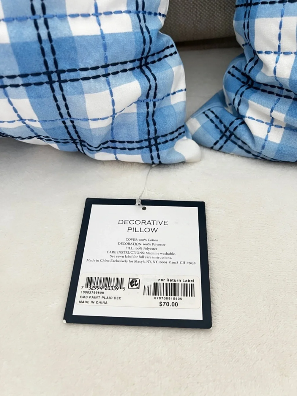 2 Charter Club Damask Designs Decorative Pillow 18x18 Blue/White Plaid Cotton